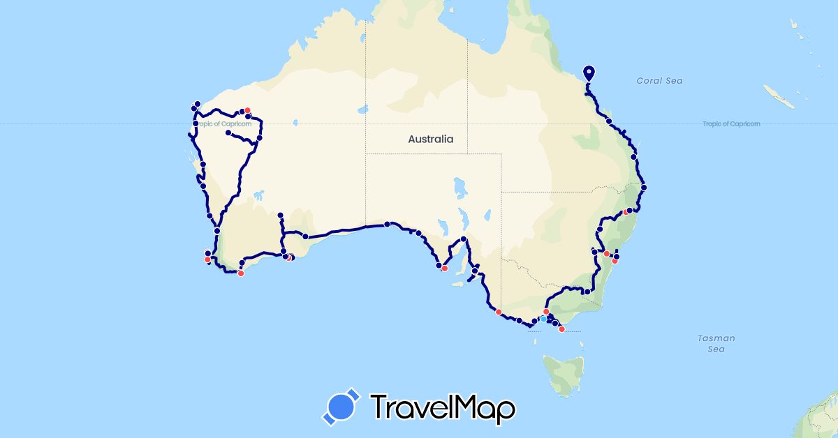 TravelMap itinerary: driving, hiking, boat in Australia (Oceania)